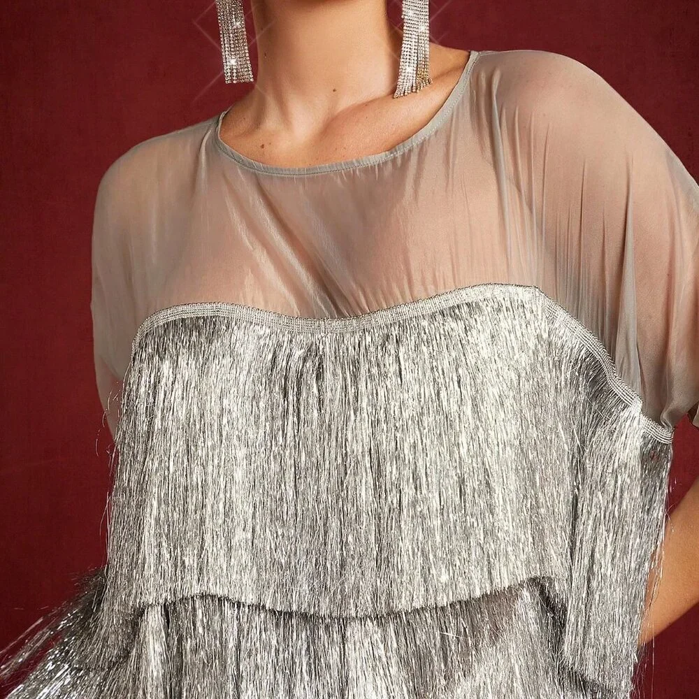 Grey Party Women's Contrast Layered Metallic Fringe Mini Dress